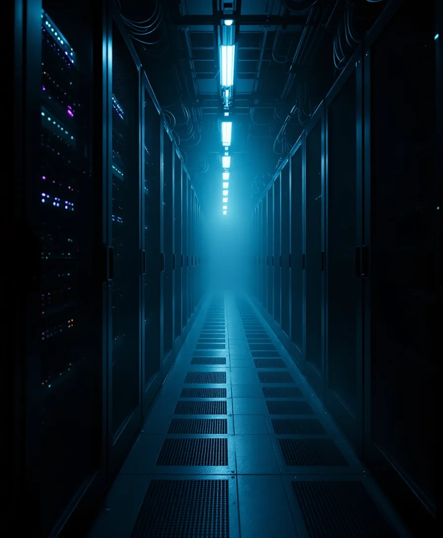 A long, dark data-centre corridor receding into mist, representing the infrastructure your eSIM data passes through unseen