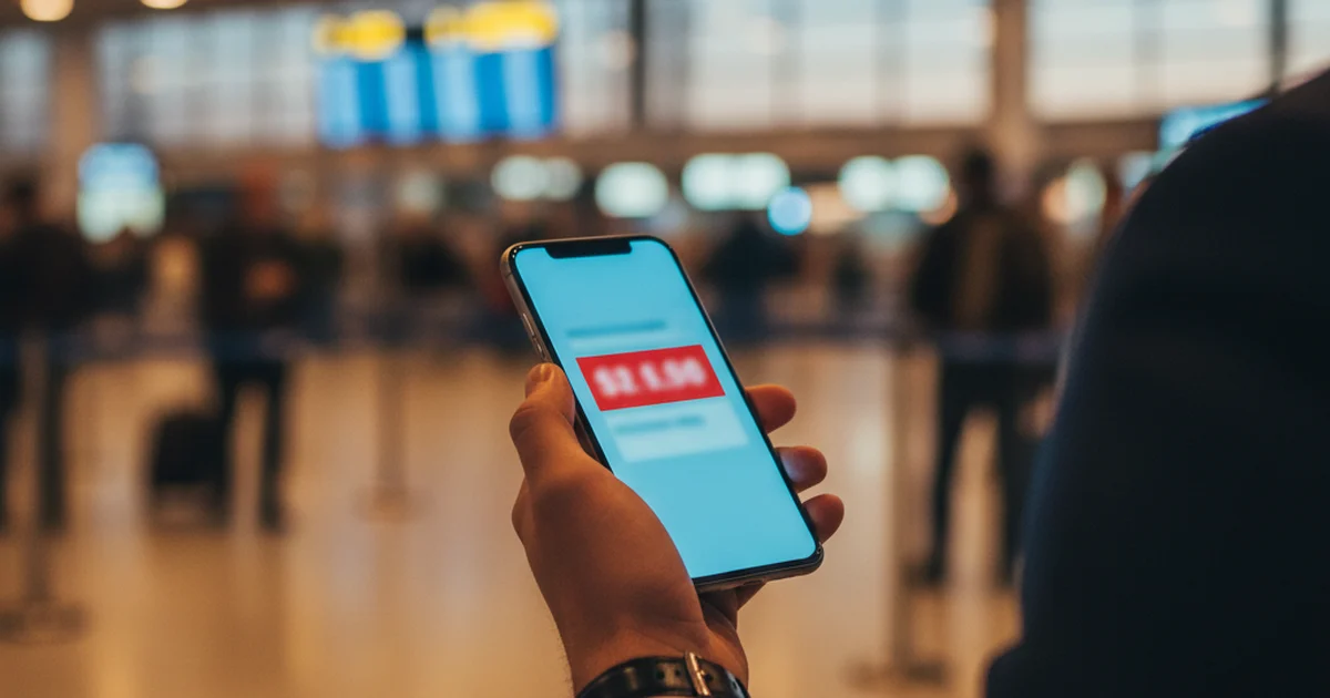 A business traveller's hand holding a phone in a softly lit airport gate area