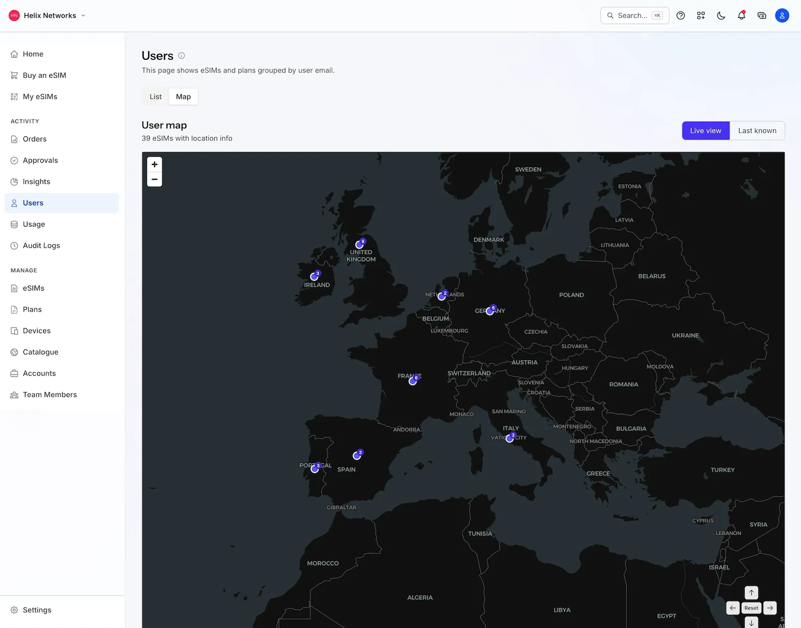A map of Europe in the eSIM Copilot dashboard showing staff eSIMs grouped by country across the UK, Ireland, France, Germany, Spain, Portugal, the Netherlands and Italy.