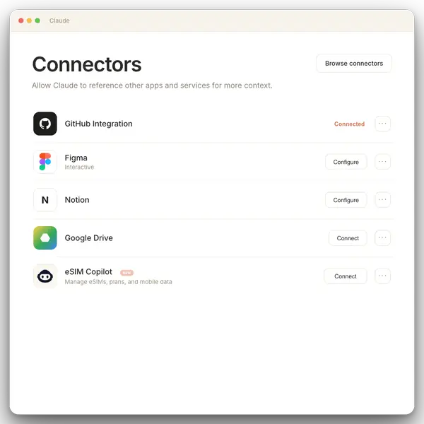 Animation of connecting eSIM Copilot inside Claude's connector list