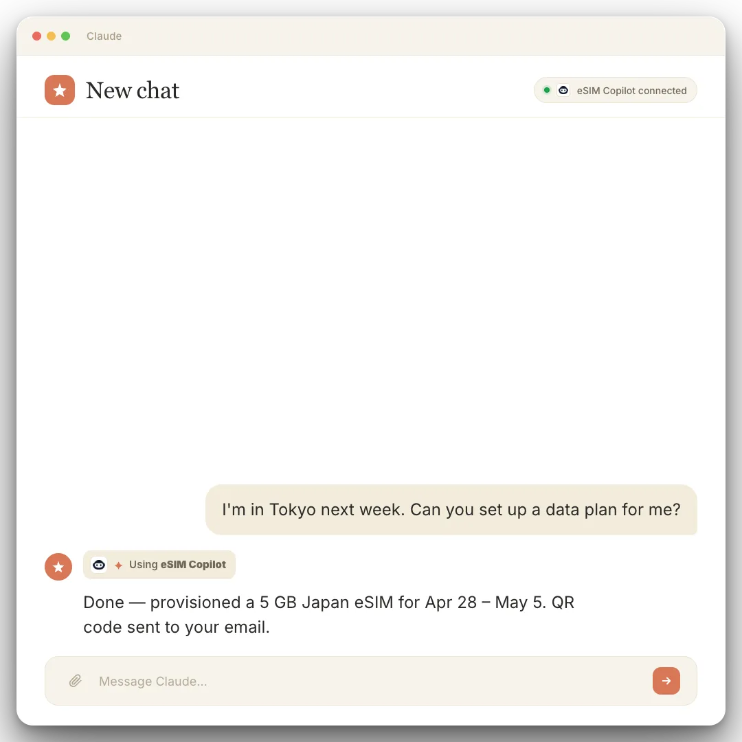 Claude provisioning a 5GB Japan eSIM in response to a single user message
