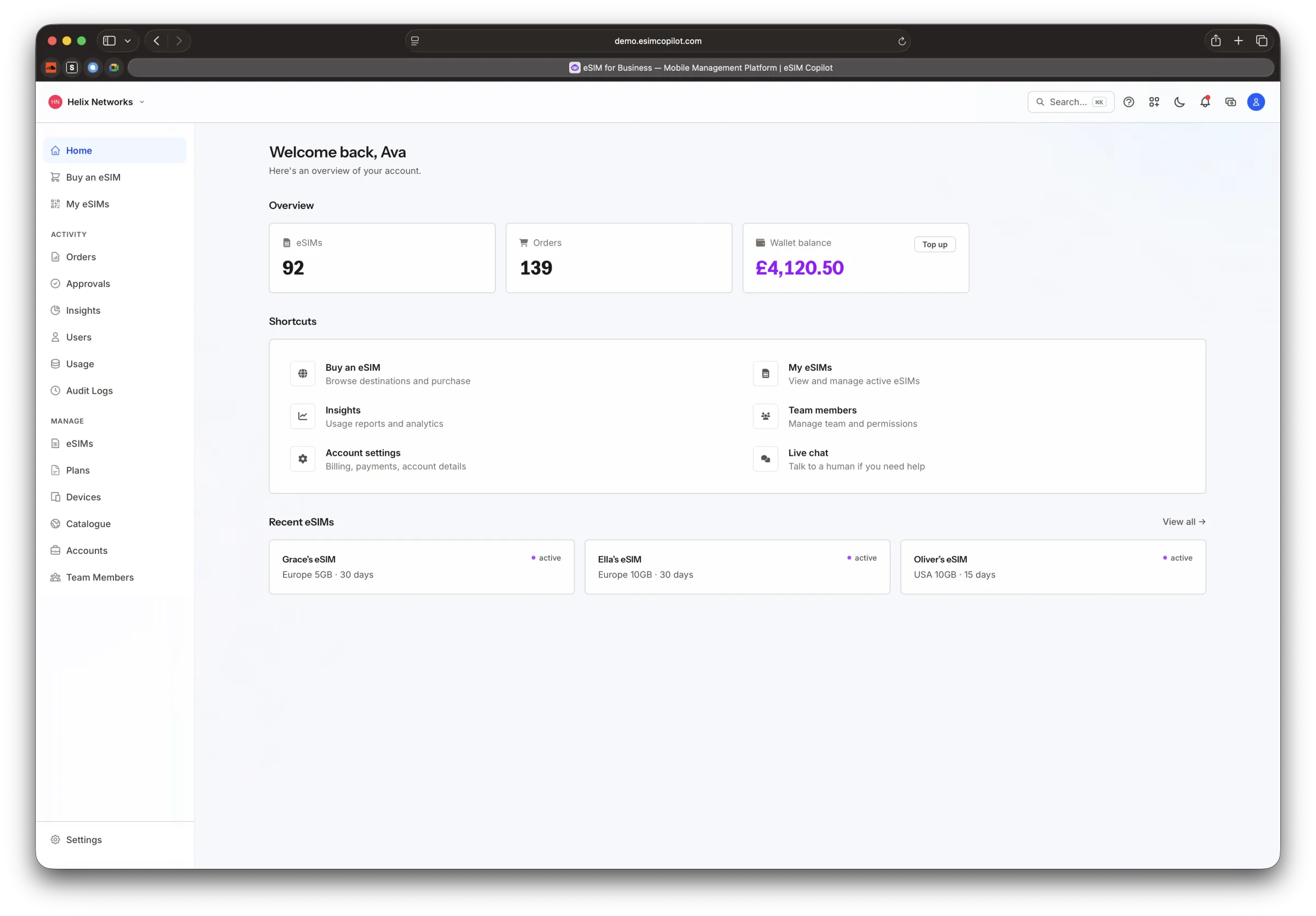 eSIM Copilot home dashboard