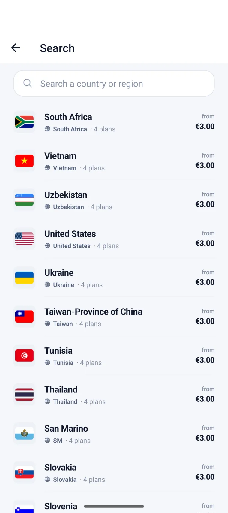 Browse plans by country in eSIM Copilot for Android