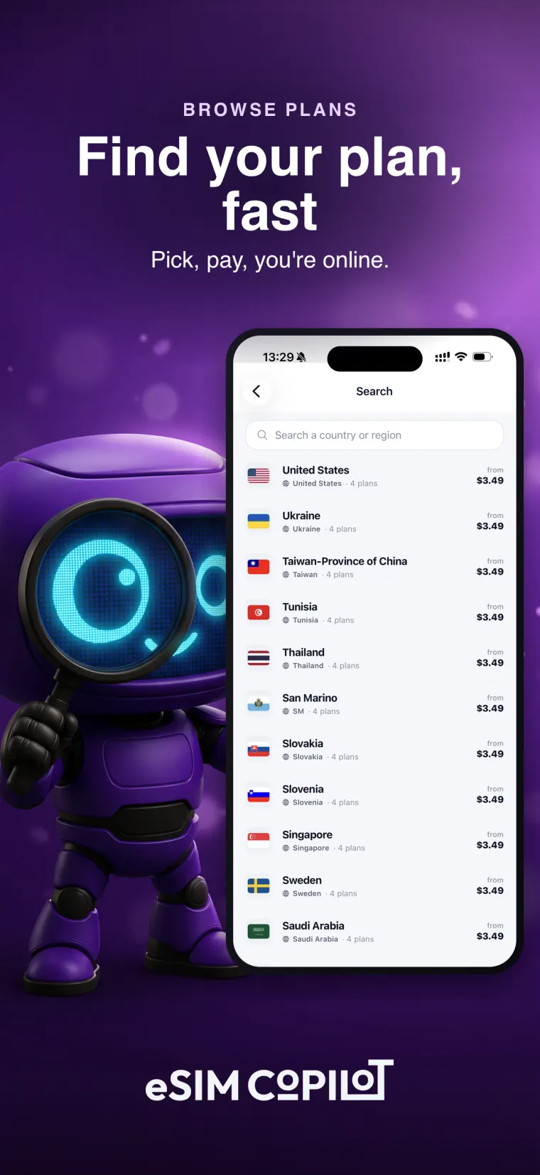 Browse plans by country in eSIM Copilot for iPhone