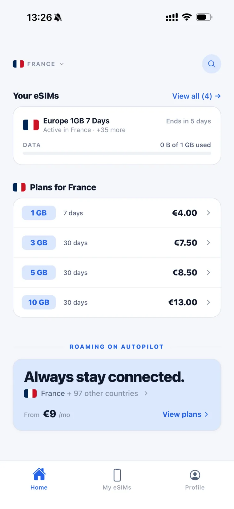 eSIM Copilot for iPhone — home screen with active eSIM and plans for France