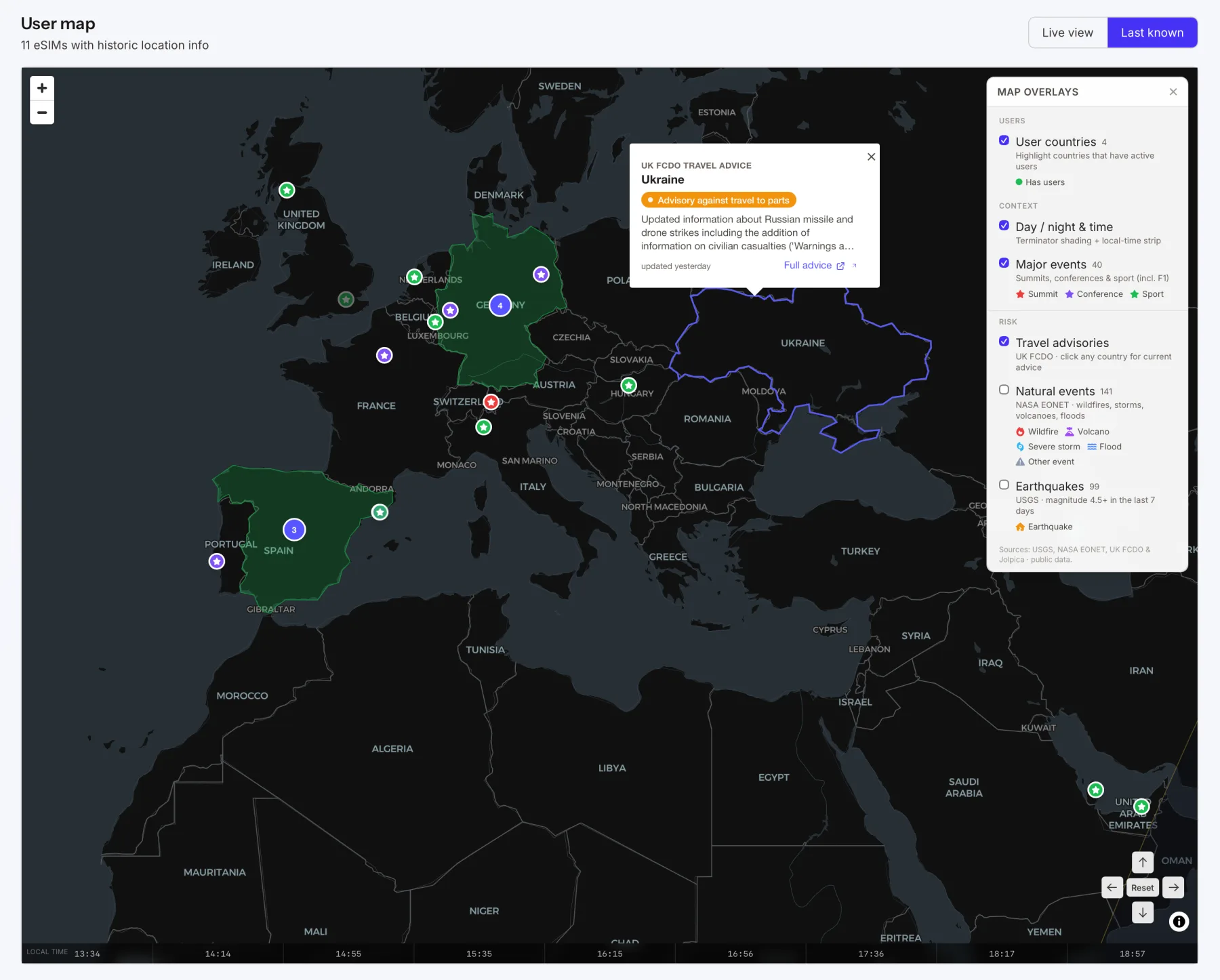 Map of connected users across programme countries in the eSIM Copilot portal